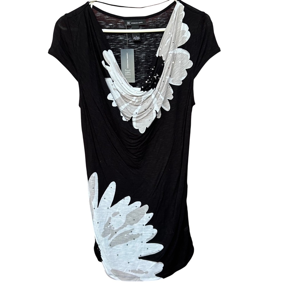 Vtg Y2K INC Black Floral Embellished Top Indian Summer L Cowl Neck Whimsigoth
